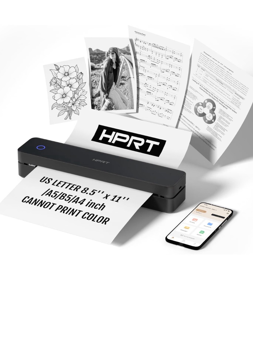 Portable Bluetooth Thermal Printer for Travel, Inkless Printer Support 8.5" X 11